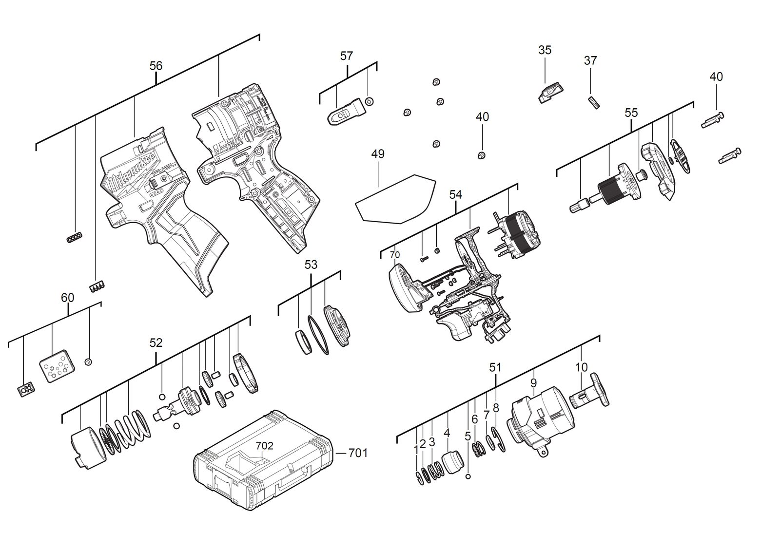 Взрыв-схема Импульсный винтовёрт Milwaukee M12FID2MC-202X