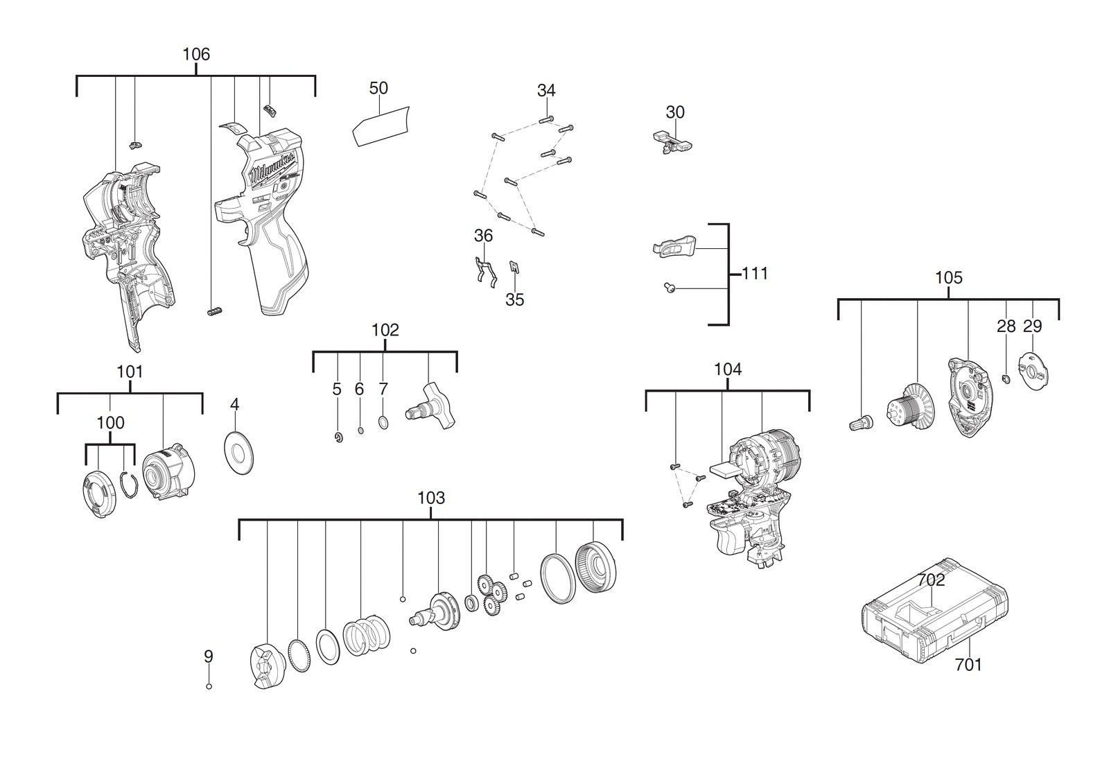 Взрыв-схема Гайковёрт Milwaukee M12FSCIWF38-252X