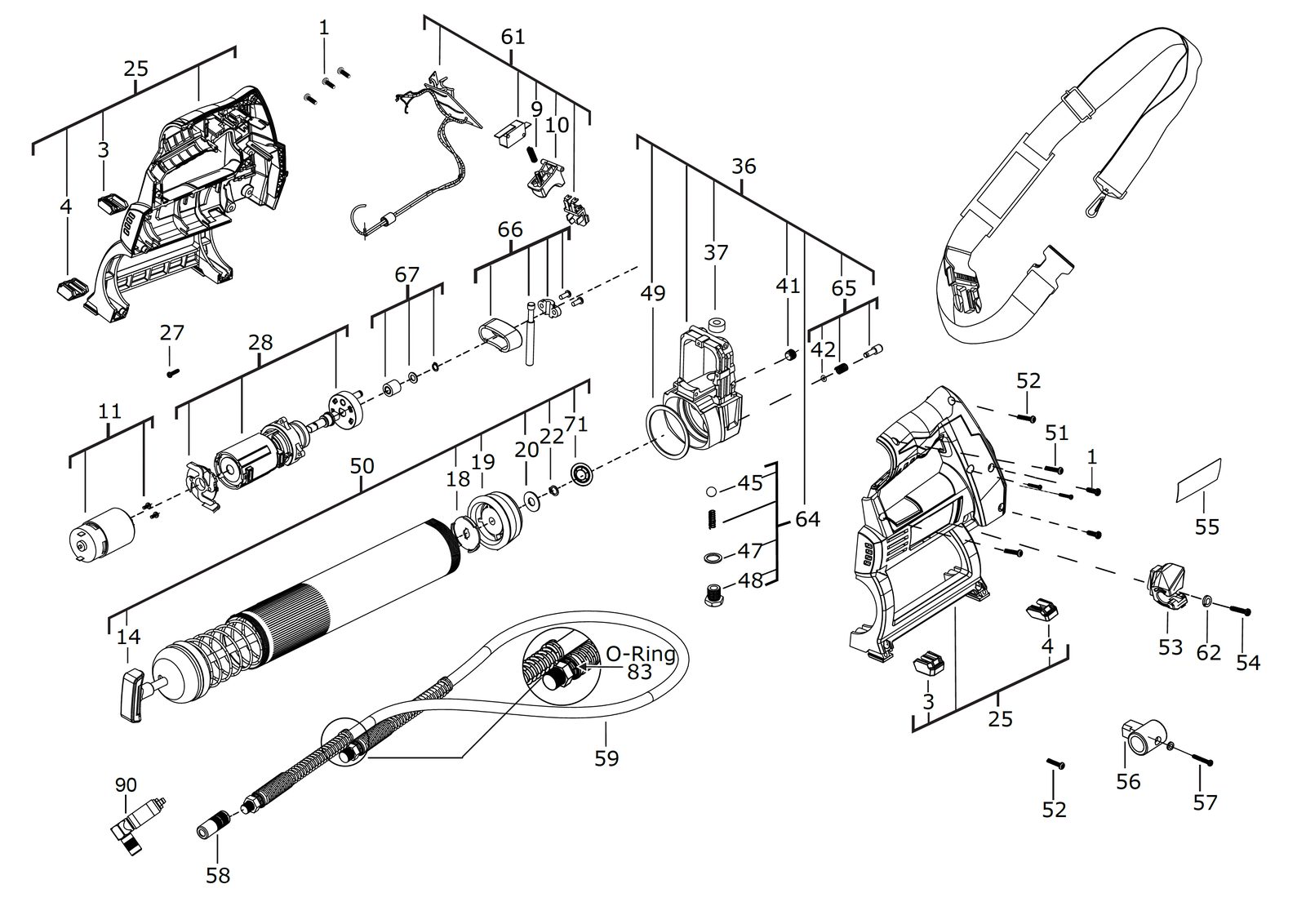 Взрыв-схема Пистолет для герметика или смазки Milwaukee M12GG-401B