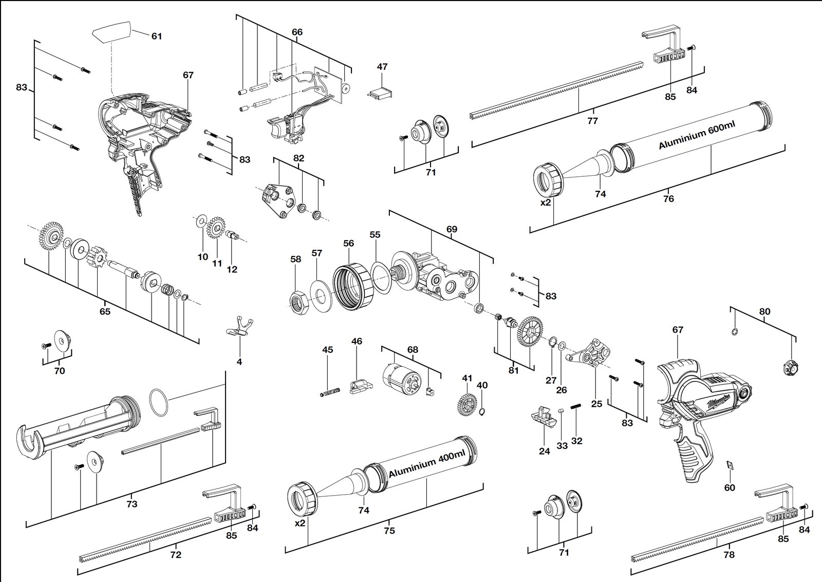 Взрыв-схема Пистолет для герметика или смазки Milwaukee M12PCG/400A-151B