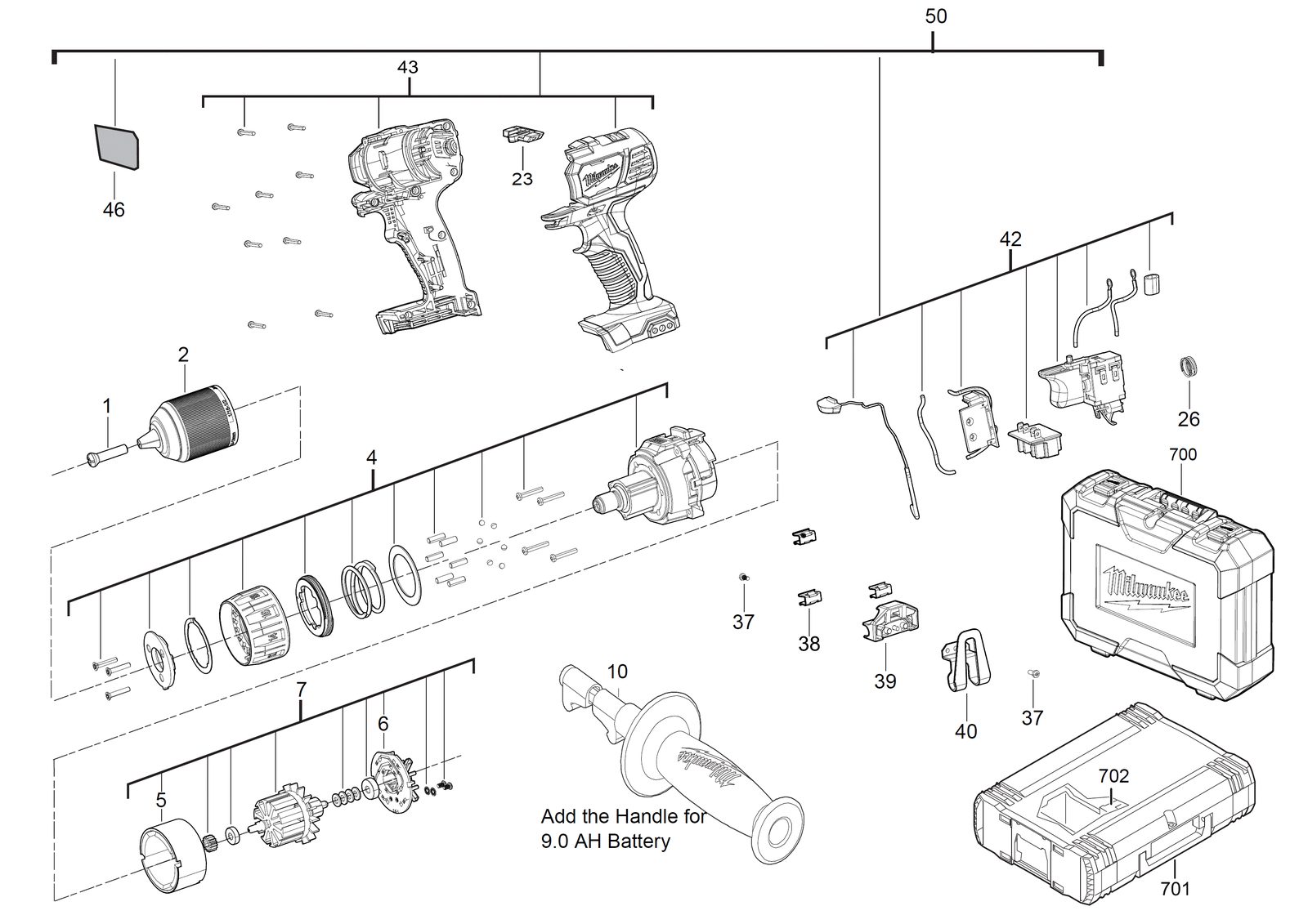 Взрыв-схема Дрель-шуруповёрт Milwaukee M18BDD-402C