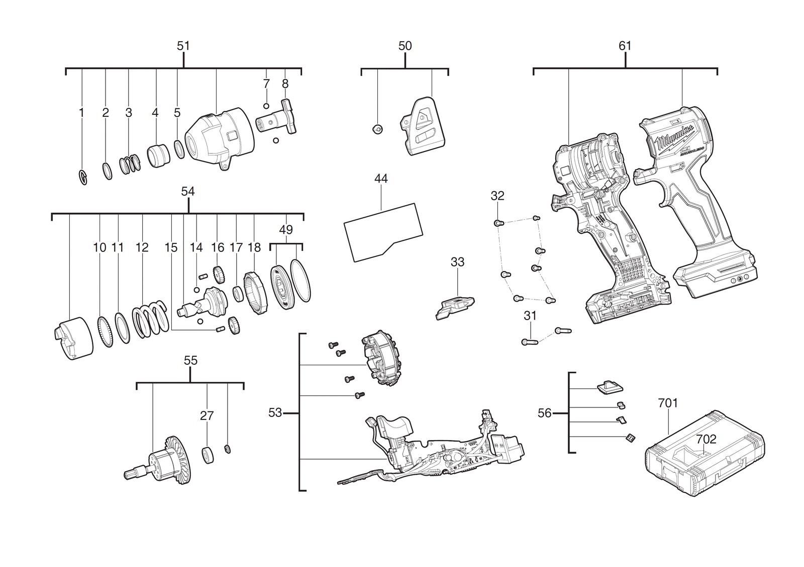 Взрыв-схема Импульсный винтовёрт Milwaukee M18BLIDR-502X