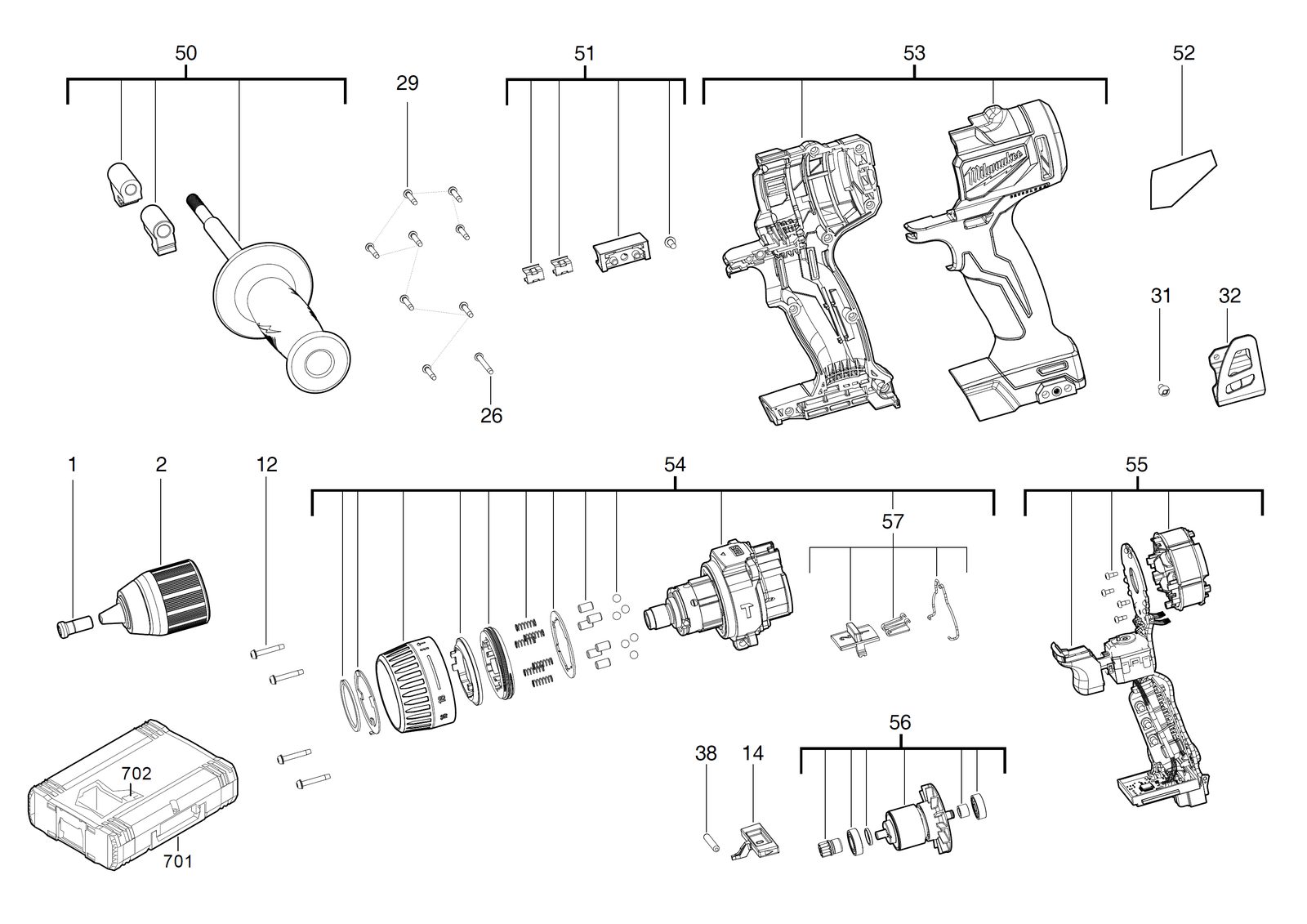 Взрыв-схема Дрель-шуруповёрт Milwaukee M18BLPD2-502X