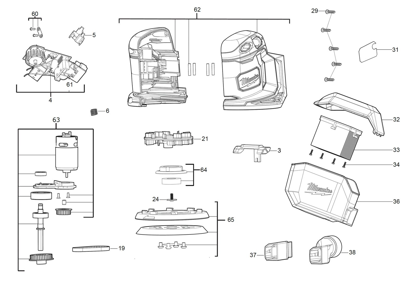 Взрыв-схема Шлифовальная машина Milwaukee M18BOS125B-502