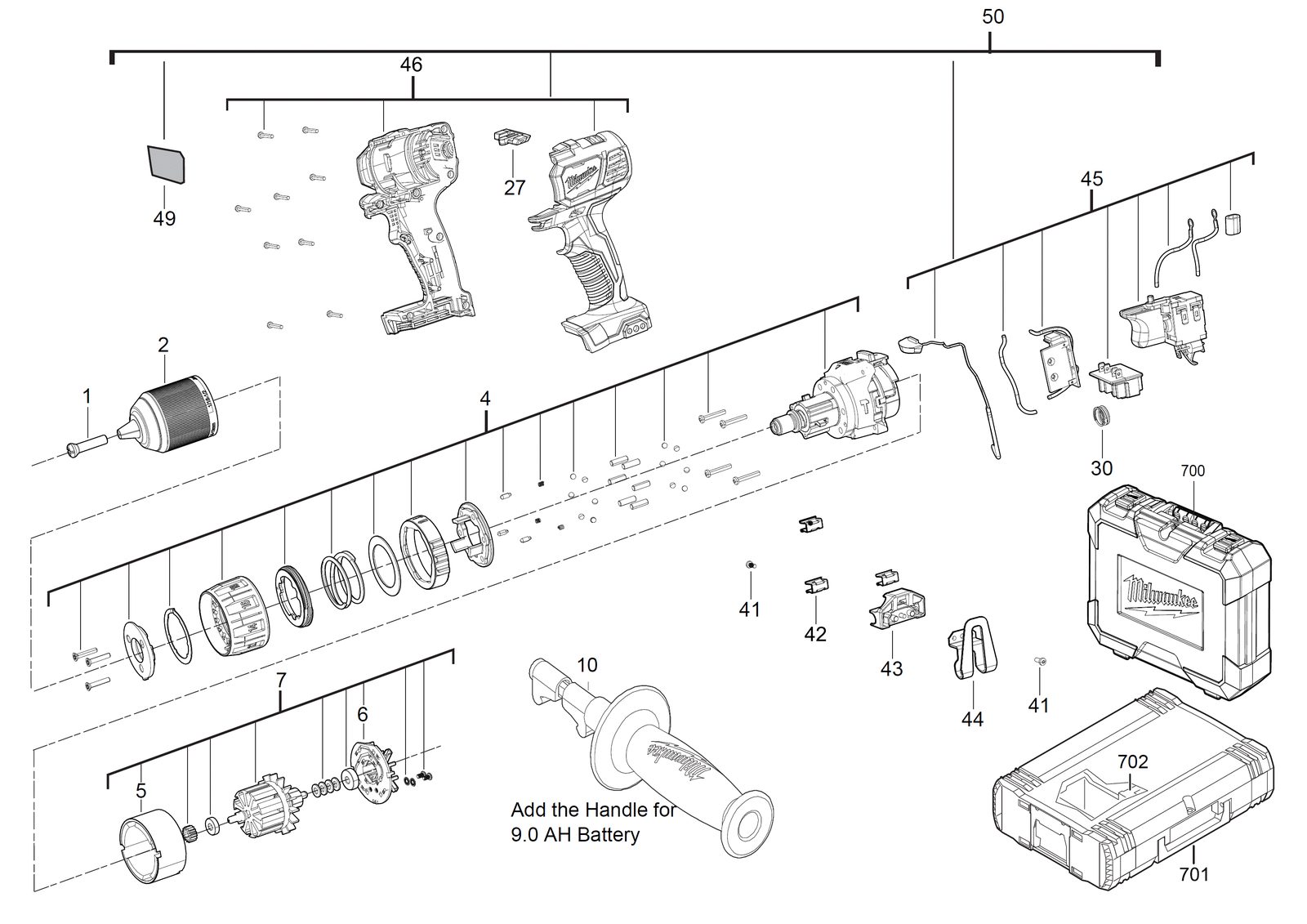 Взрыв-схема Дрель-шуруповёрт Milwaukee M18BPD-402C