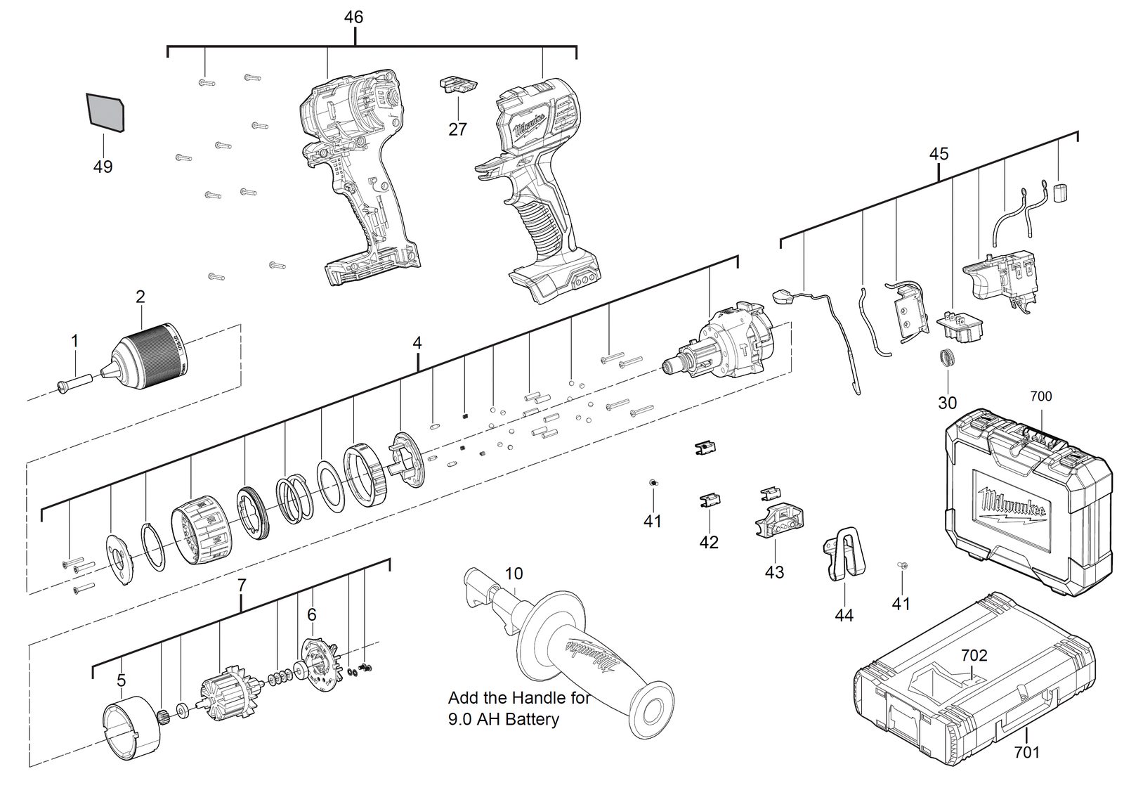 Взрыв-схема Дрель-шуруповёрт Milwaukee M18BPD-402CFOB(TS)