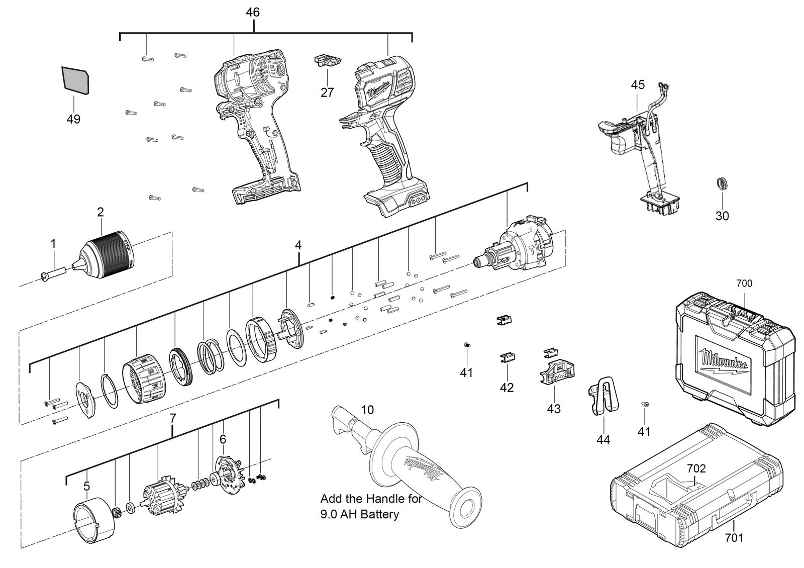 Взрыв-схема Дрель-шуруповёрт Milwaukee M18BPD