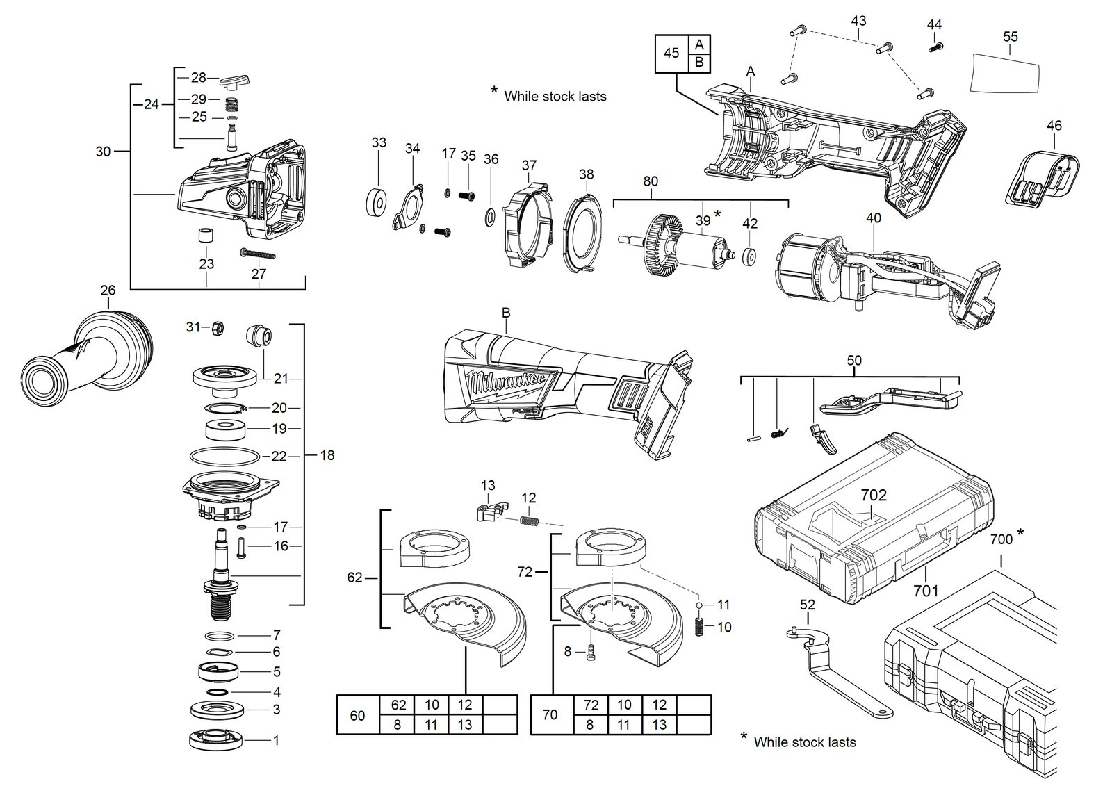 Взрыв-схема Угловая шлифовальная машина Milwaukee M18CAG125XPD-0