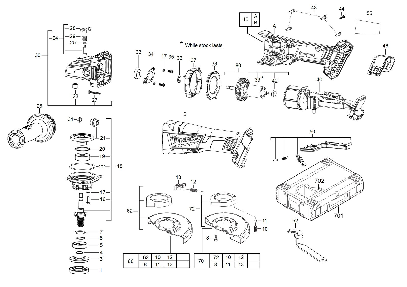 Взрыв-схема Угловая шлифовальная машина Milwaukee M18CAG125XPD-0