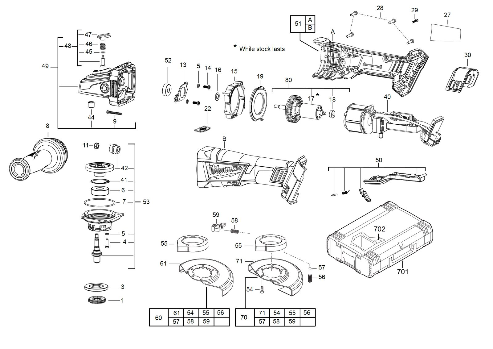 Взрыв-схема Угловая шлифовальная машина Milwaukee M18CAG125XPDB-0
