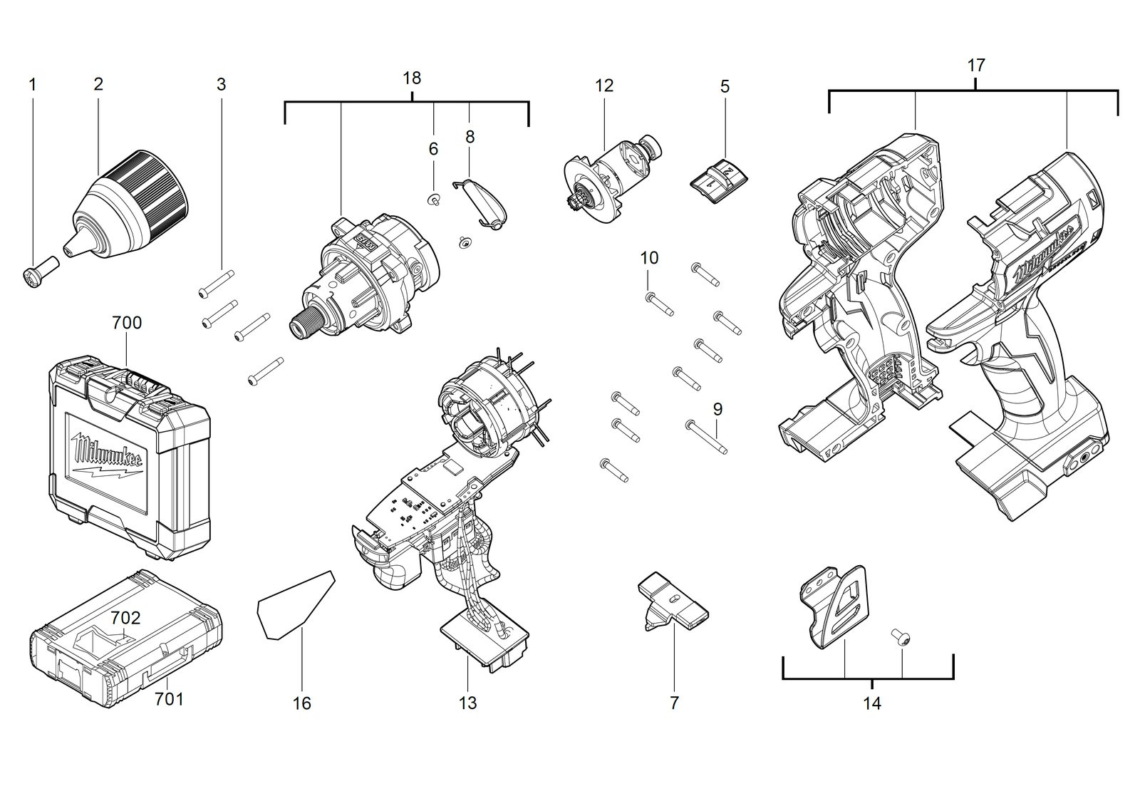 Взрыв-схема Дрель-шуруповёрт Milwaukee M18CBLDD-202C
