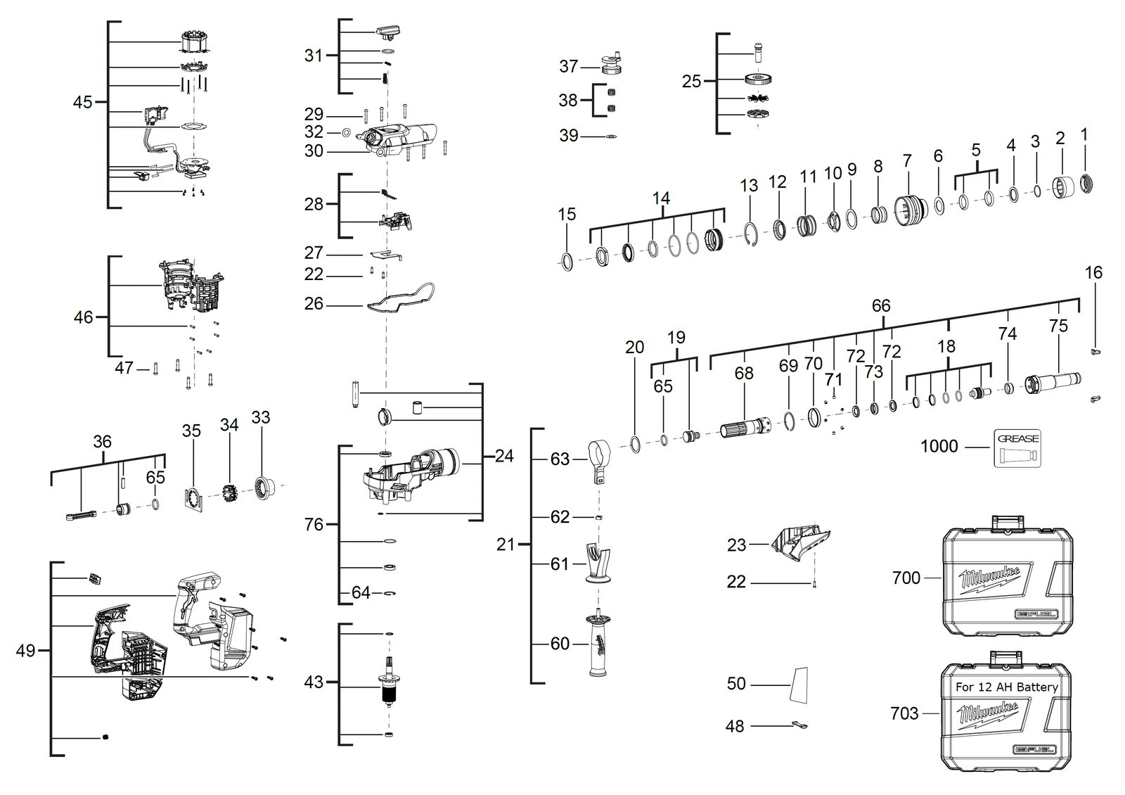 Взрыв-схема Отбойный молоток Milwaukee M18CHM-121C