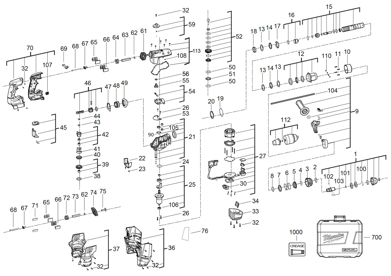 Взрыв-схема Перфоратор Milwaukee M18CHPX-0