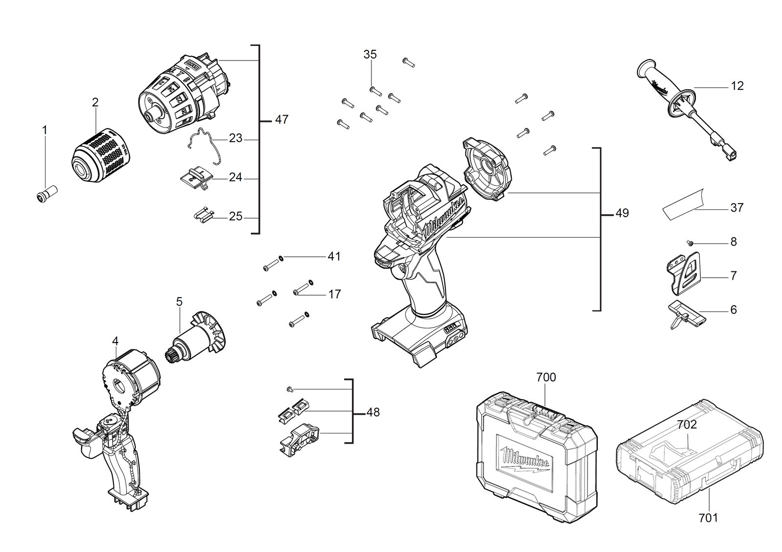 Взрыв-схема Дрель-шуруповёрт Milwaukee M18FDD-0