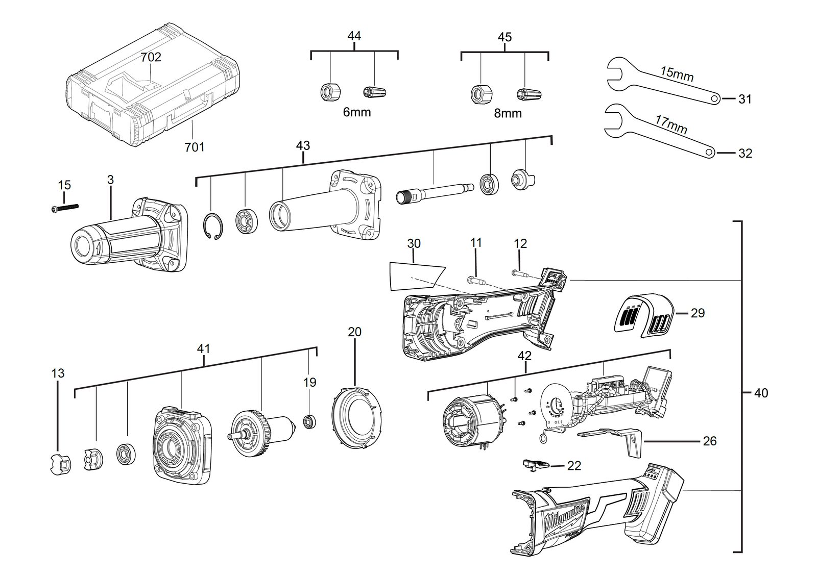Взрыв-схема Шлифовальная машина Milwaukee M18FDG-0X