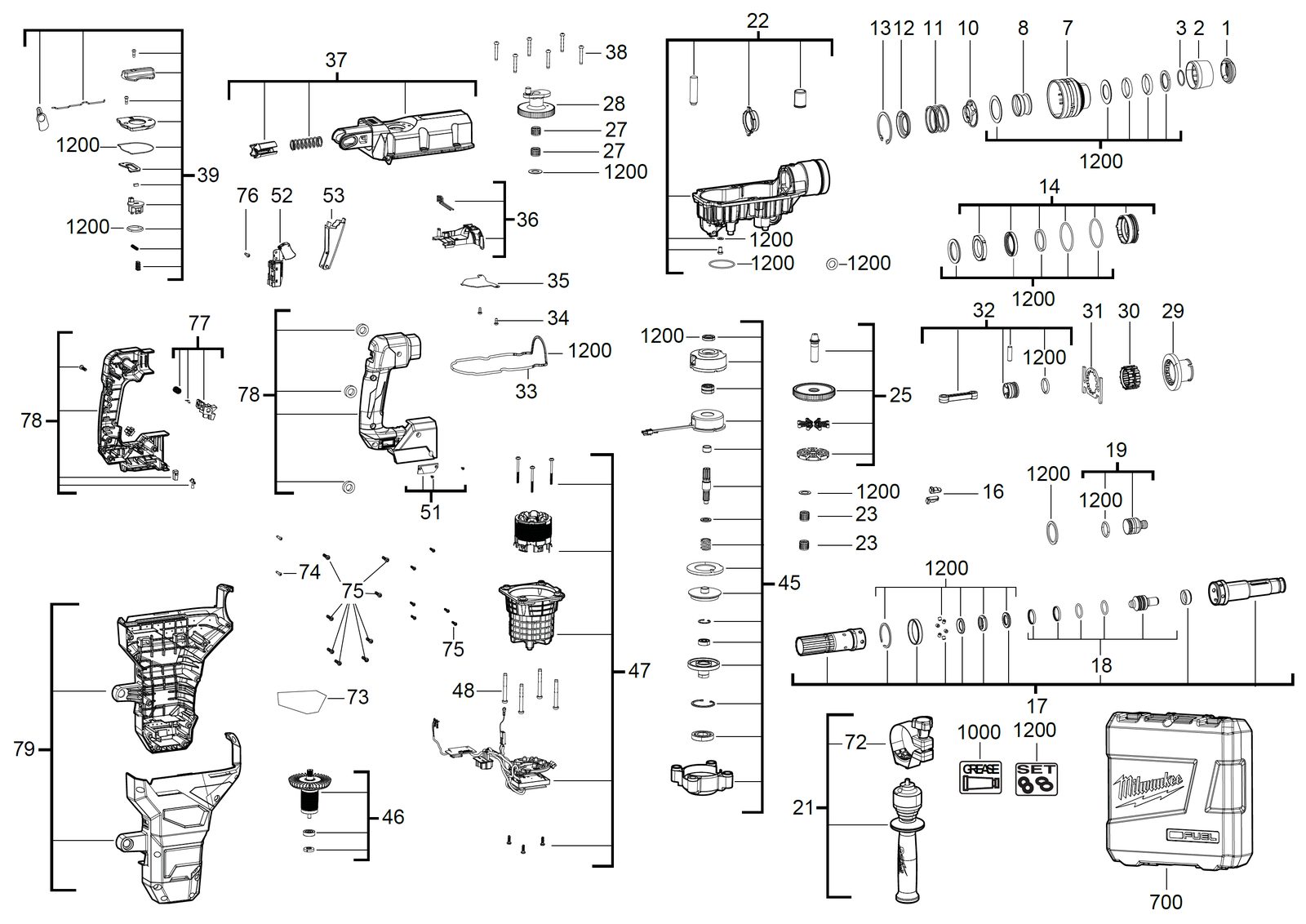 Взрыв-схема Перфоратор Milwaukee M18FHM-121C