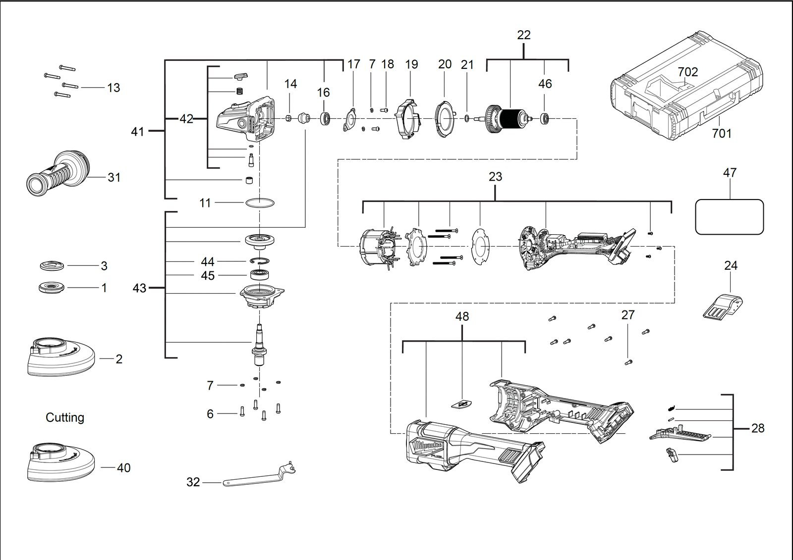 Взрыв-схема Угловая шлифовальная машина Milwaukee M18FHSAG125XPDB-0X