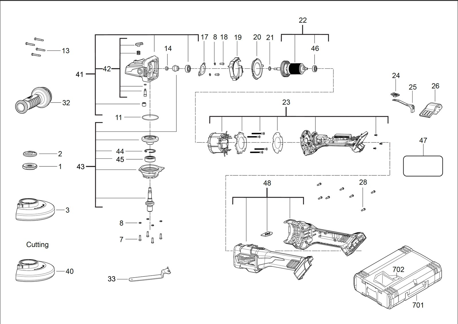 Взрыв-схема Угловая шлифовальная машина Milwaukee M18FHSAG150XB-0X