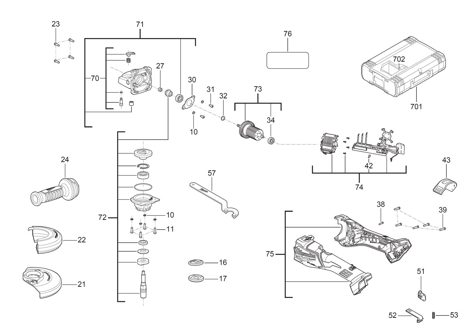 Взрыв-схема Угловая шлифовальная машина Milwaukee M18FHSAG150XB2-0X