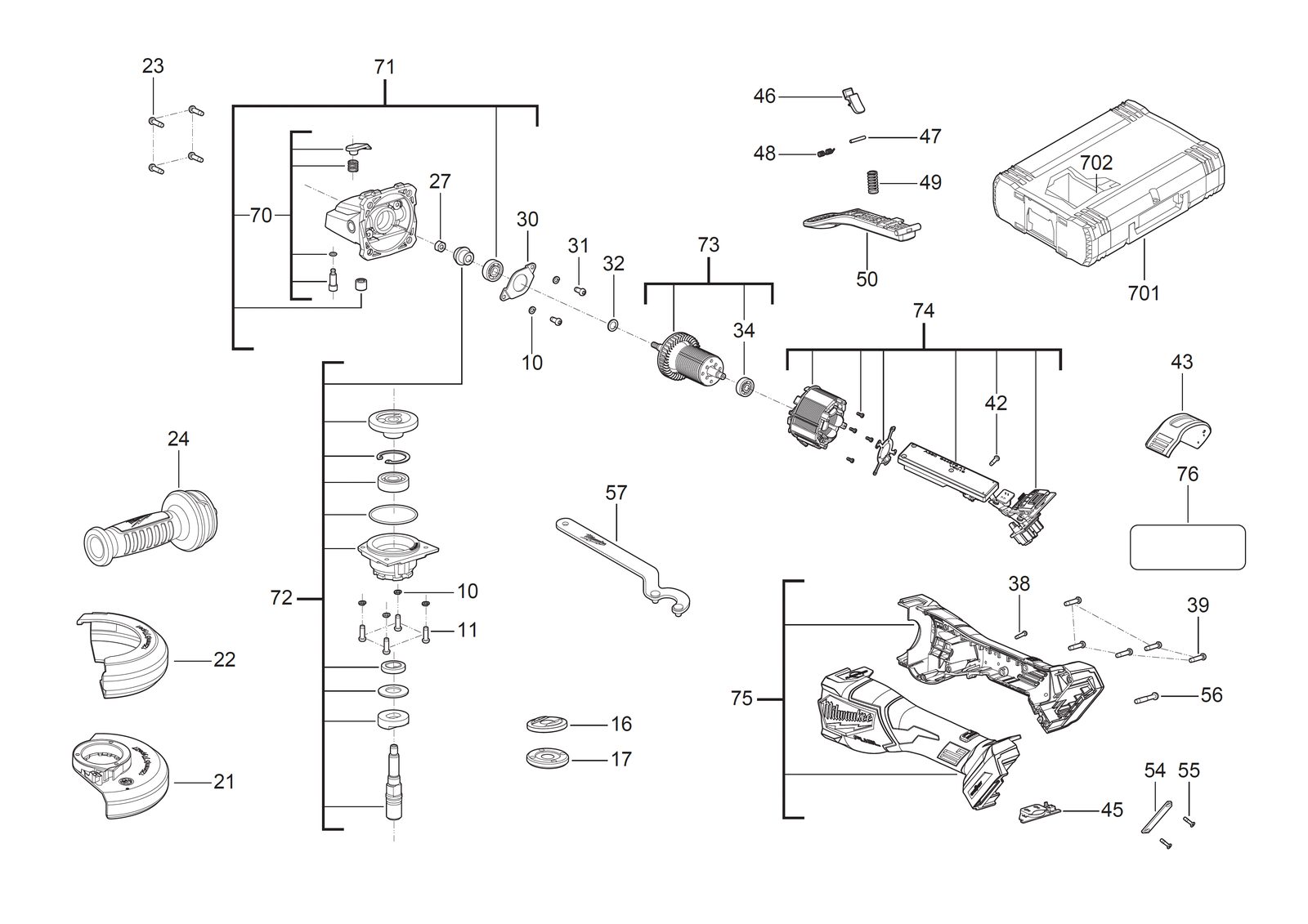Взрыв-схема Угловая шлифовальная машина Milwaukee M18FHSAGO125VXPDB2-552X