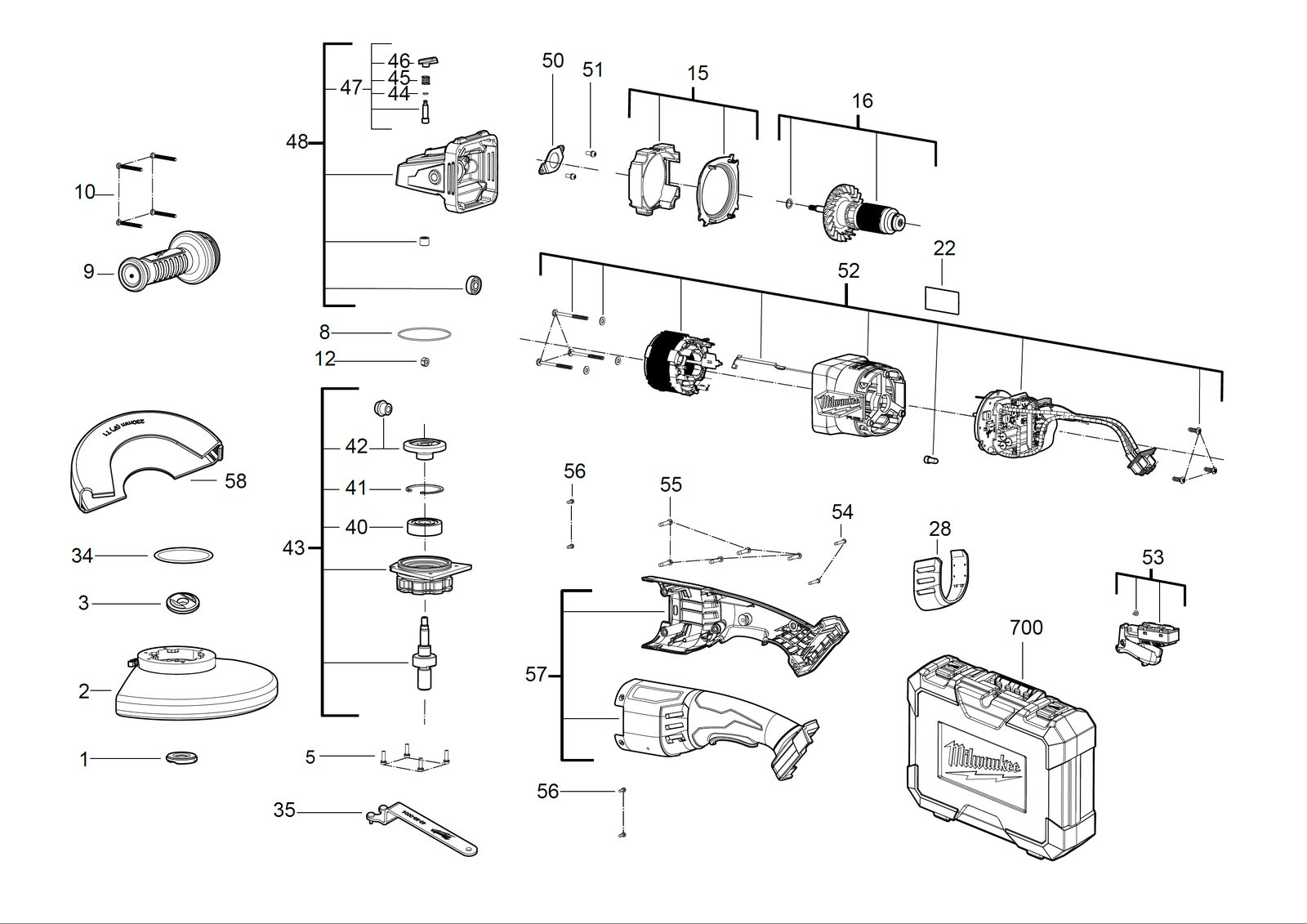 Взрыв-схема Угловая шлифовальная машина Milwaukee M18FLAG230XPDB-0C