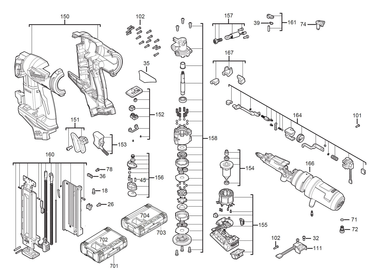 Взрыв-схема Гвоздезабиватель или степлер Milwaukee M18FN18GS-202X