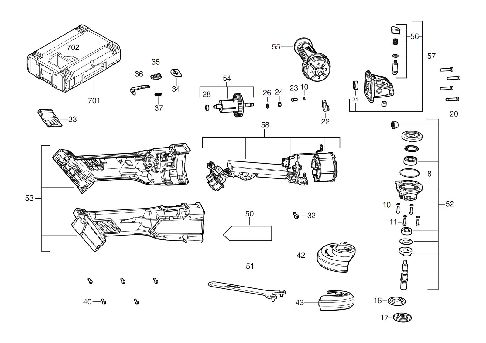 Взрыв-схема Угловая шлифовальная машина Milwaukee M18FSAG115XB-501B