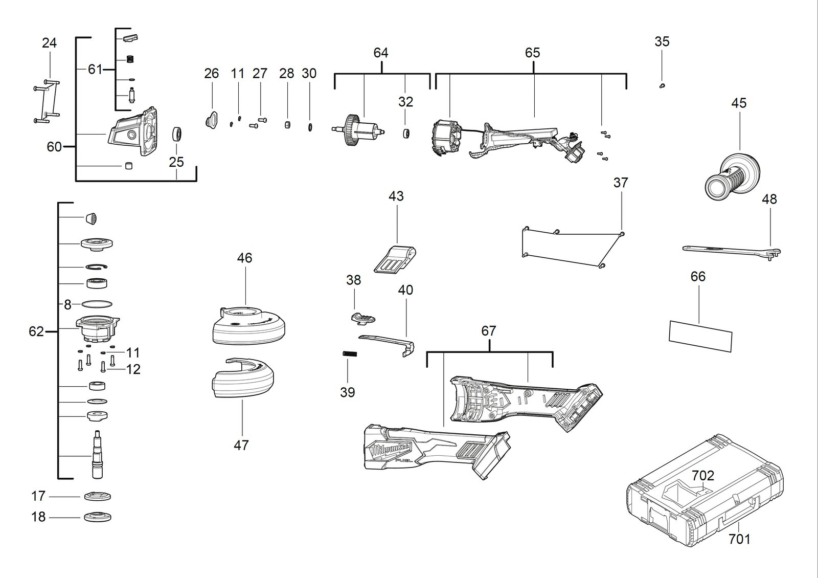 Взрыв-схема Угловая шлифовальная машина Milwaukee M18FSAG125X-0