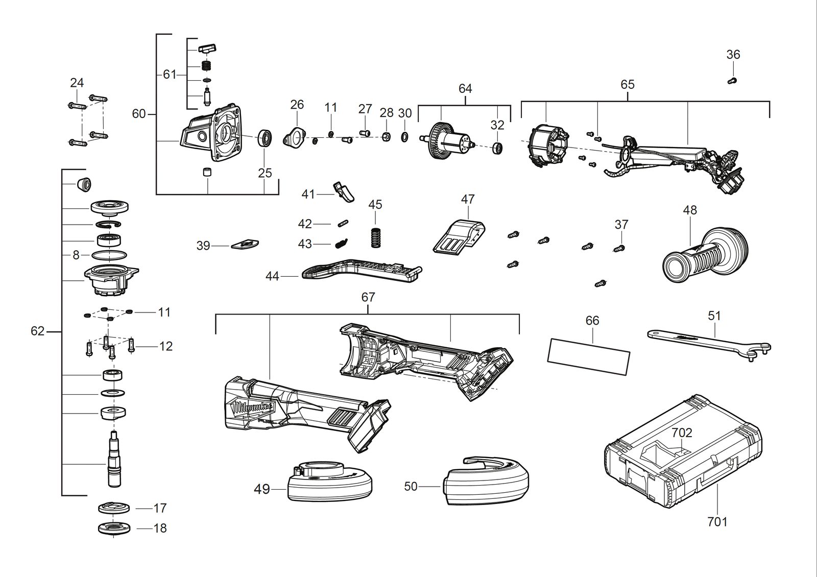 Взрыв-схема Угловая шлифовальная машина Milwaukee M18FSAGV115XPDB-0X