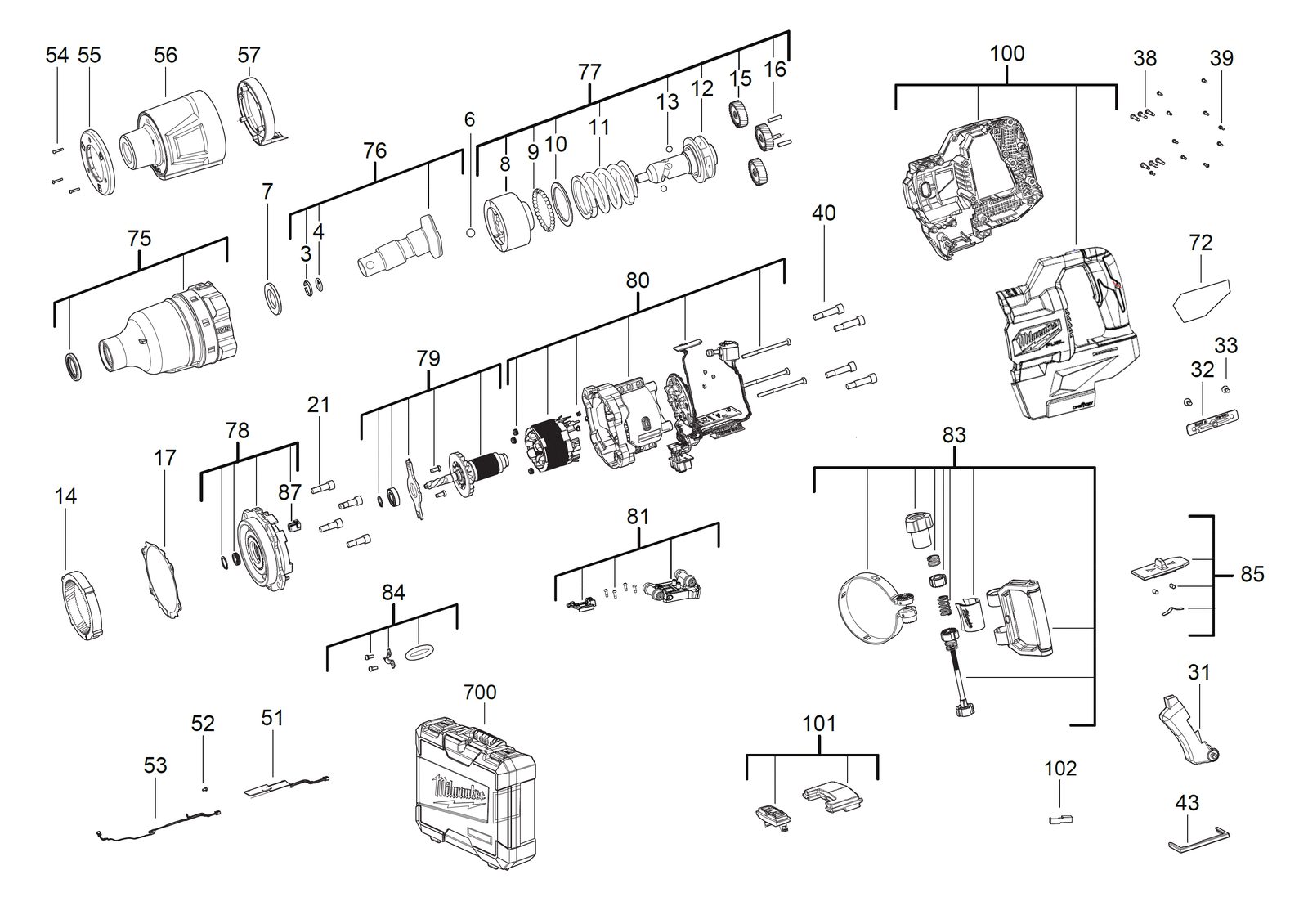 Взрыв-схема Гайковёрт Milwaukee M18ONEFHIWF1DS-121C