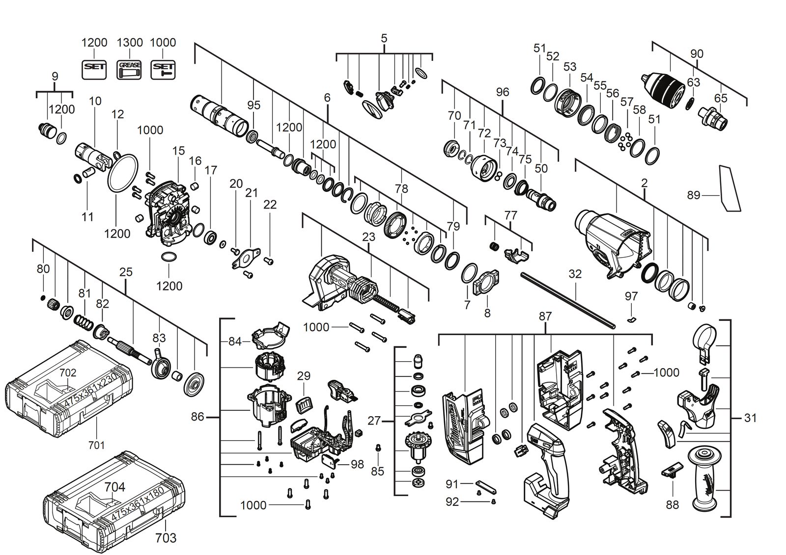 Взрыв-схема Перфоратор Milwaukee M18ONEFHXDEL-552C