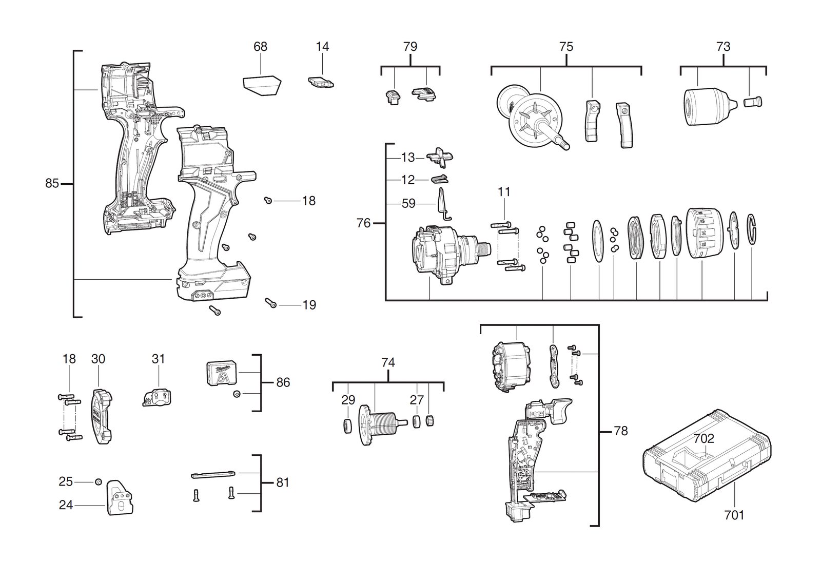 Взрыв-схема Дрель-шуруповёрт Milwaukee M18ONEPD3-502X