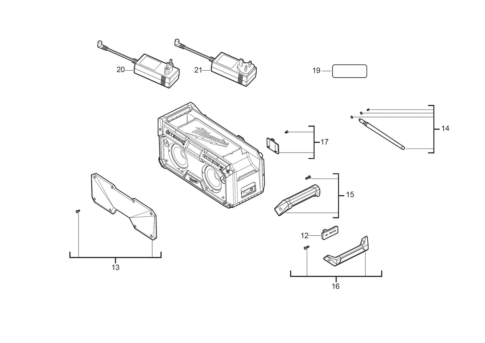 Взрыв-схема Угловая дрель Milwaukee M18RADDAB+G2-0